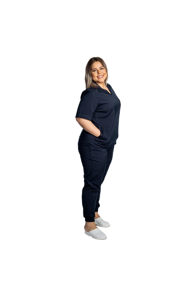 Costum de lucru cu elastan dama model polo bleumarin, cu bluza in V si pantaloni tip jogger, cu snur si elastic