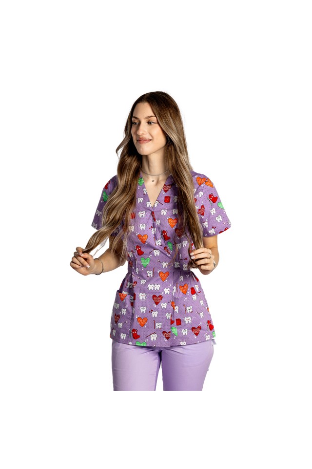 Costume de lucru pentru gradinite model kimono Dintisori, bluza cu imprimeu si pantaloni cu elastic