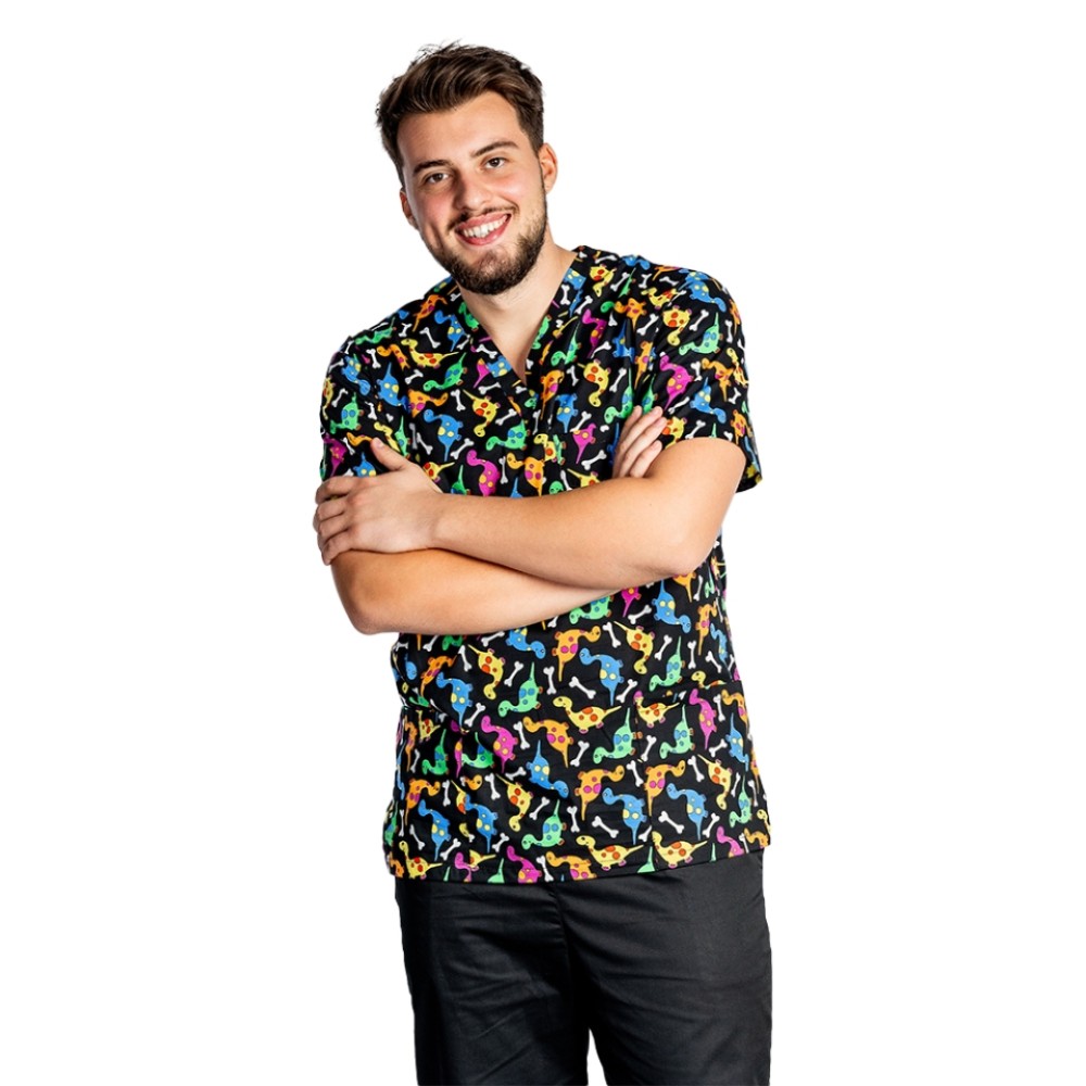 Halat de lucru pentru gradinite imprimat Dino, model barbati, cu trei buzunare aplicate