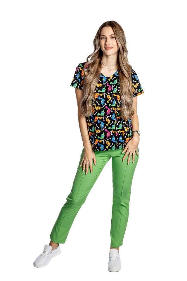 Halat de lucru pentru gradinite imprimat Dino cu trei buzunare aplicate