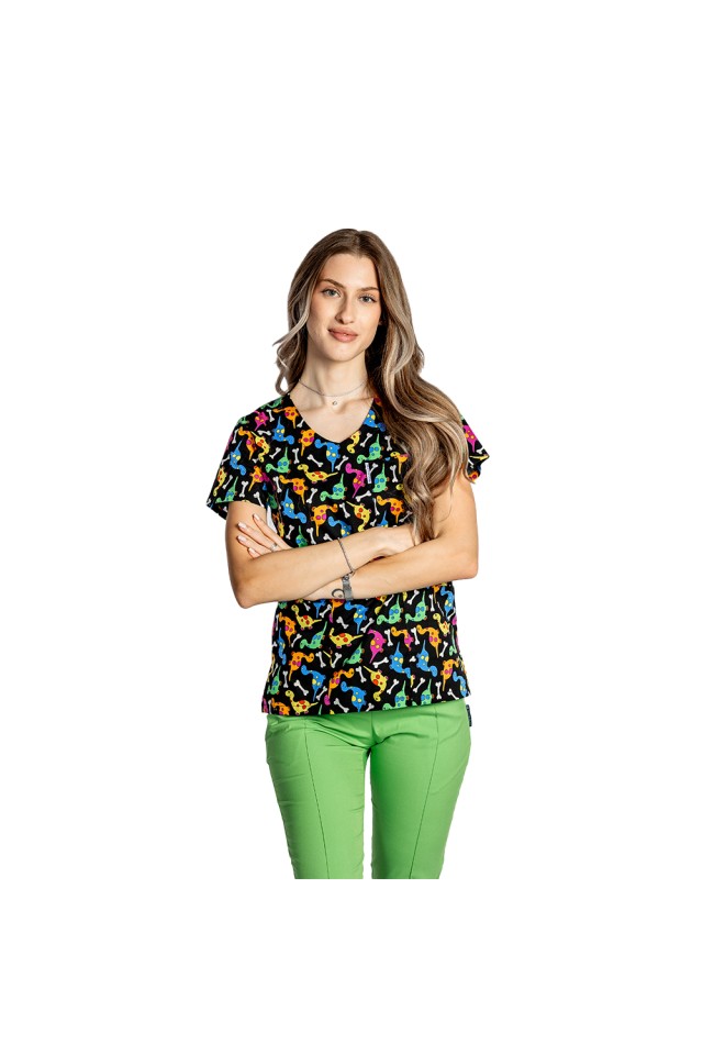 Halat de lucru pentru gradinite imprimat Dino cu trei buzunare aplicate