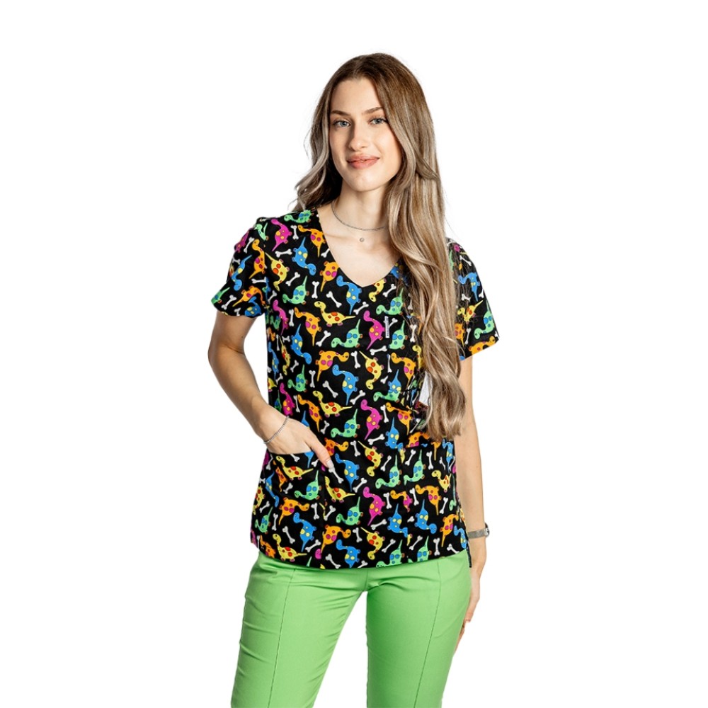 Halat de lucru pentru gradinite imprimat Dino cu trei buzunare aplicate