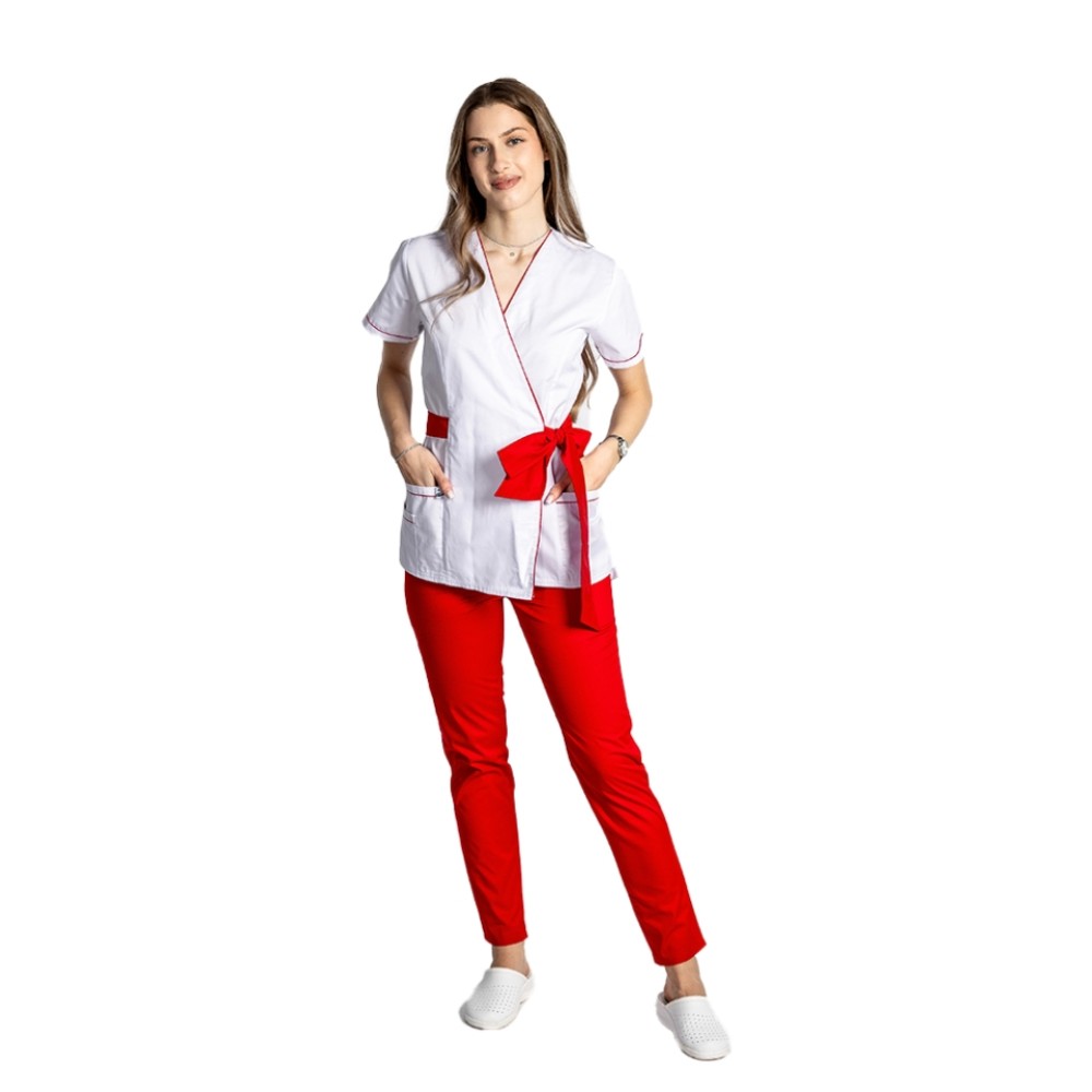 Costum de lucru pentru SPA model kimono alb cu paspol rosu si cordon cu legare tip fundita