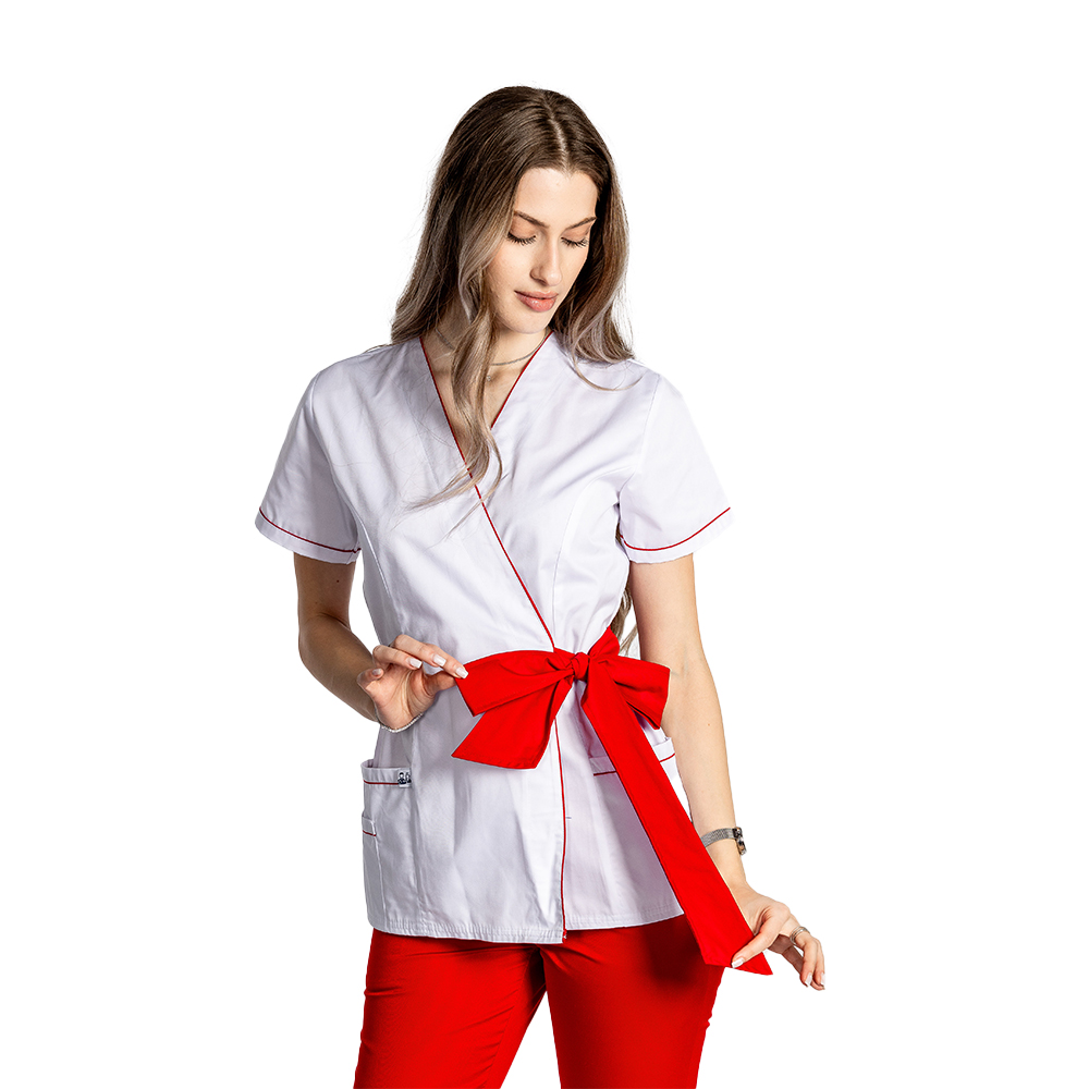 Costum de lucru pentru SPA model kimono alb cu paspol rosu si cordon cu legare tip fundita