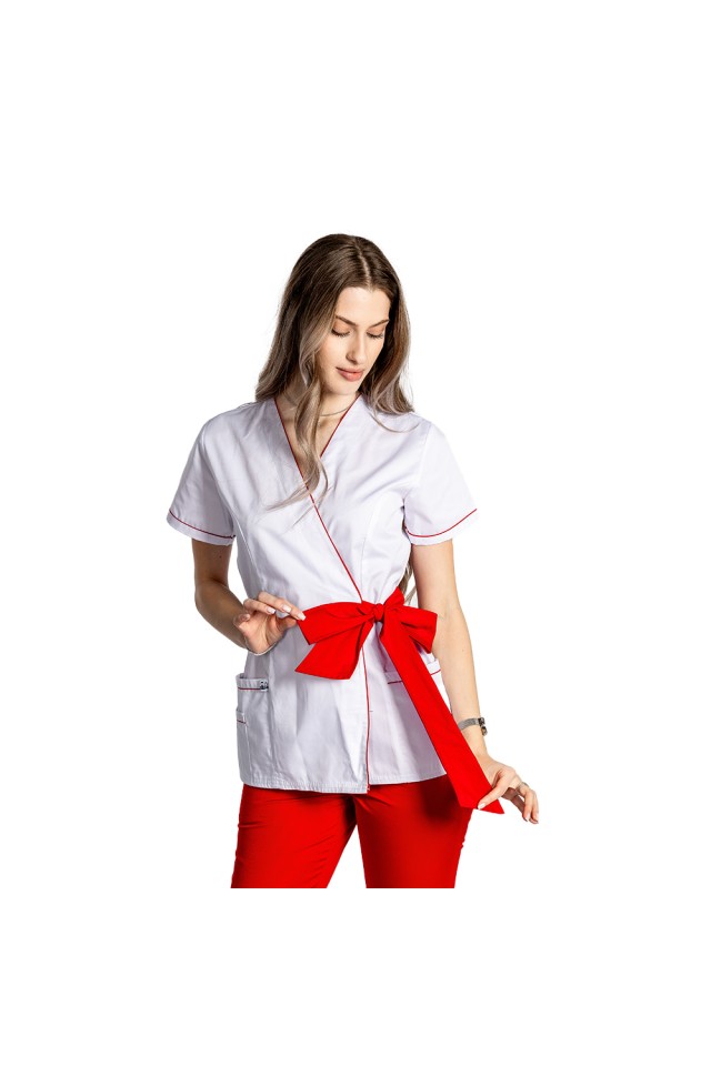 Halat de lucru pentru SPA model kimono alb cu paspol rosu si cordon cu legare tip fundita