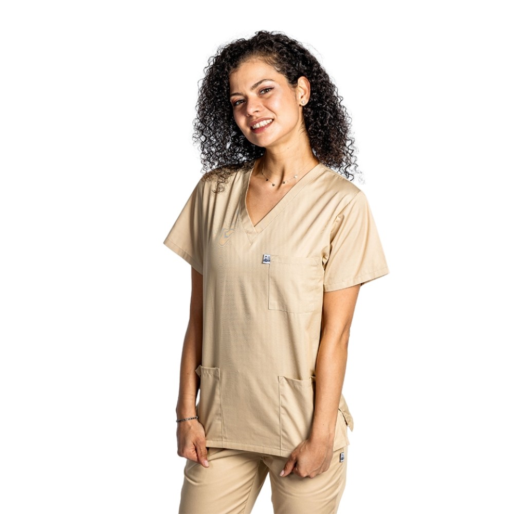 Halat de lucru crem dama cu anchior in V si trei buzunare aplicate