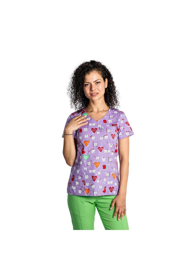 Halat de lucru pentru gradinite imprimat Dintisori , cu trei buzunare aplicate