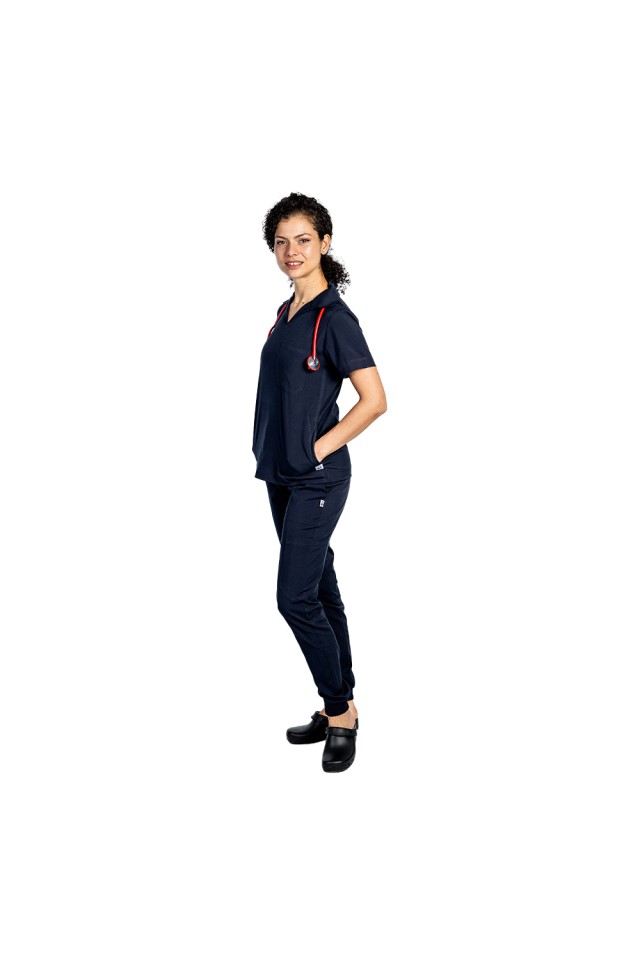 Costum de lucru cu elastan dama model polo bleumarin, cu bluza in V si pantaloni tip jogger, cu snur si elastic