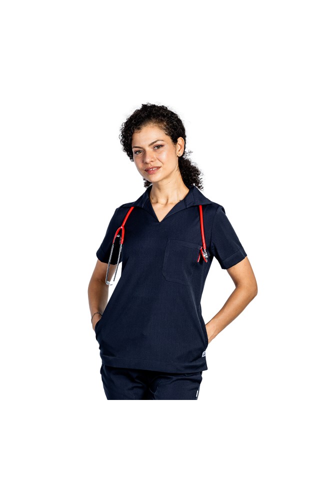 Costum de lucru cu elastan dama model polo bleumarin, cu bluza in V si pantaloni tip jogger, cu snur si elastic