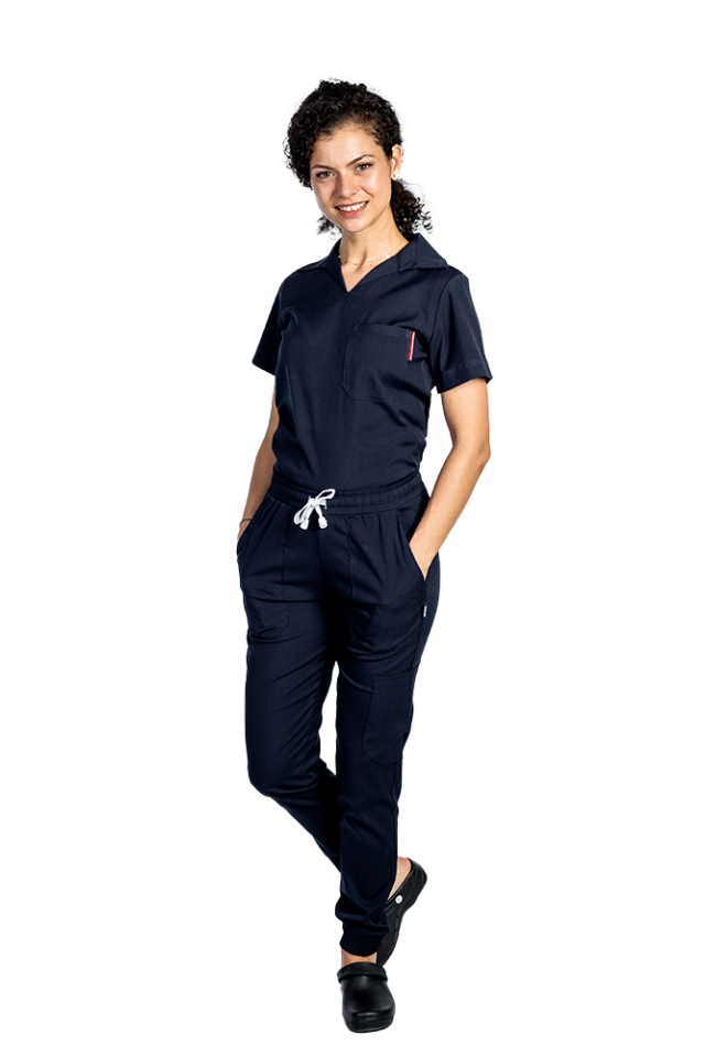 Costum de lucru cu elastan dama model polo bleumarin, cu bluza in V si pantaloni tip jogger, cu snur si elastic