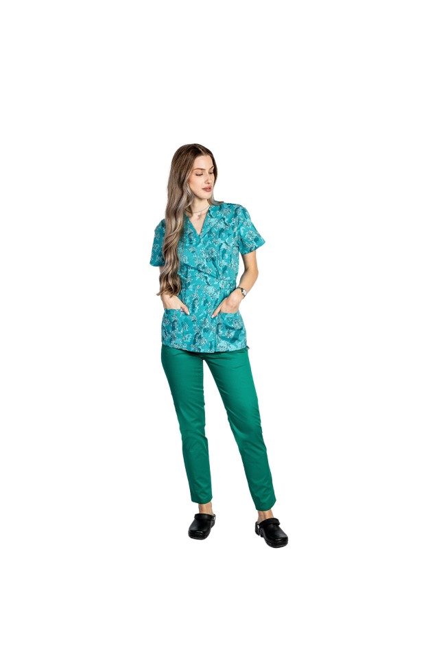 Costume de lucru pentru gradinite model kimono Green Army, bluza cu imprimeu si pantaloni cu elastic