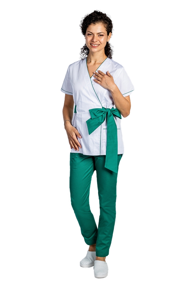 Costum de lucru pentru SPA model kimono alb cu paspol verde si cordon cu legare tip fundita