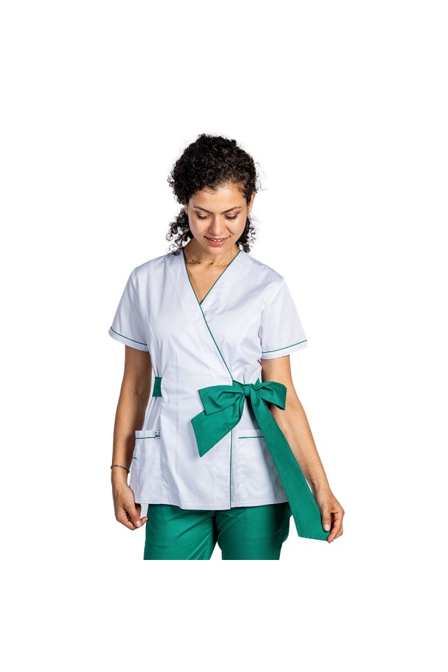 Halat de lucru pentru SPA model kimono alb cu paspol verde si cordon cu legare tip fundita