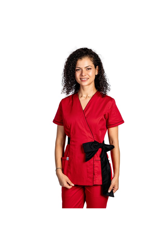 Halat de lucru pentru SPA model kimono rosu cu paspol negru si cordon cu legare tip fundita