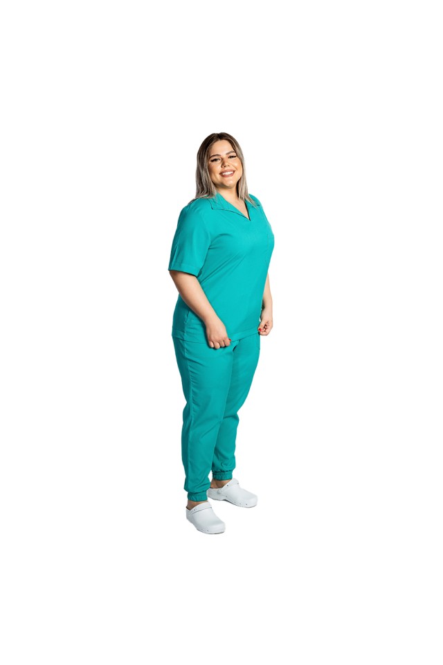 Costum de lucru cu elastan dama model polo verde turcoaz, cu bluza in V si pantaloni tip jogger, cu snur si elastic
