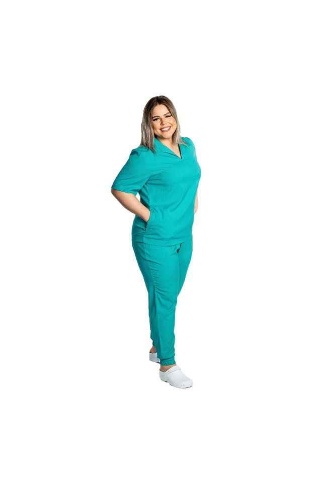 Costum de lucru cu elastan dama model polo verde turcoaz, cu bluza in V si pantaloni tip jogger, cu snur si elastic