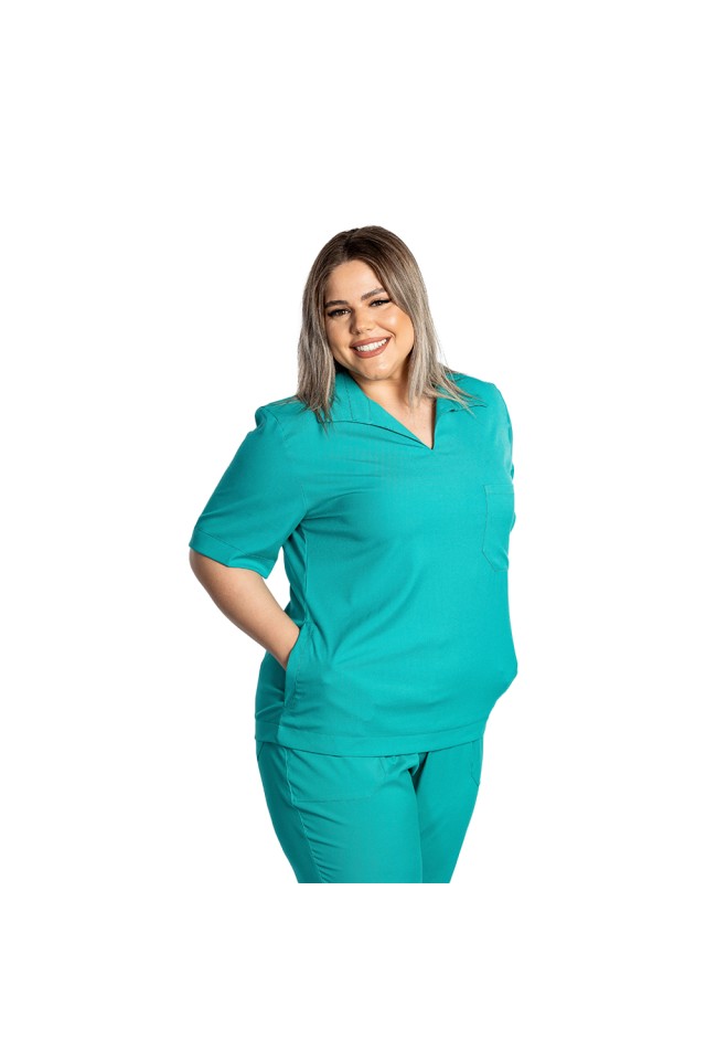 Costum de lucru cu elastan dama model polo verde turcoaz, cu bluza in V si pantaloni tip jogger, cu snur si elastic
