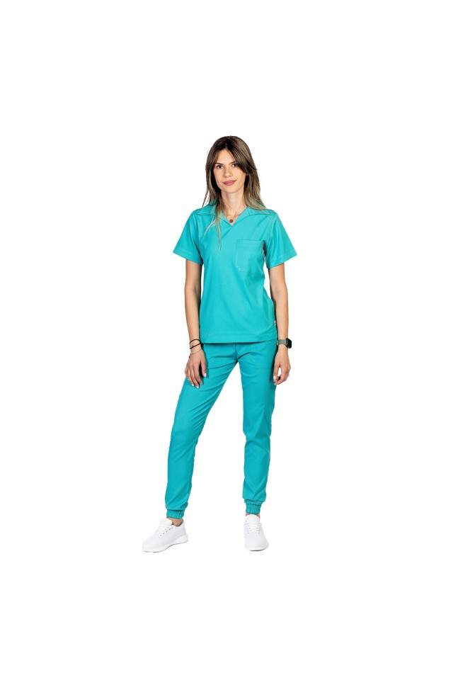 Costum de lucru cu elastan dama model polo verde turcoaz, cu bluza in V si pantaloni tip jogger, cu snur si elastic