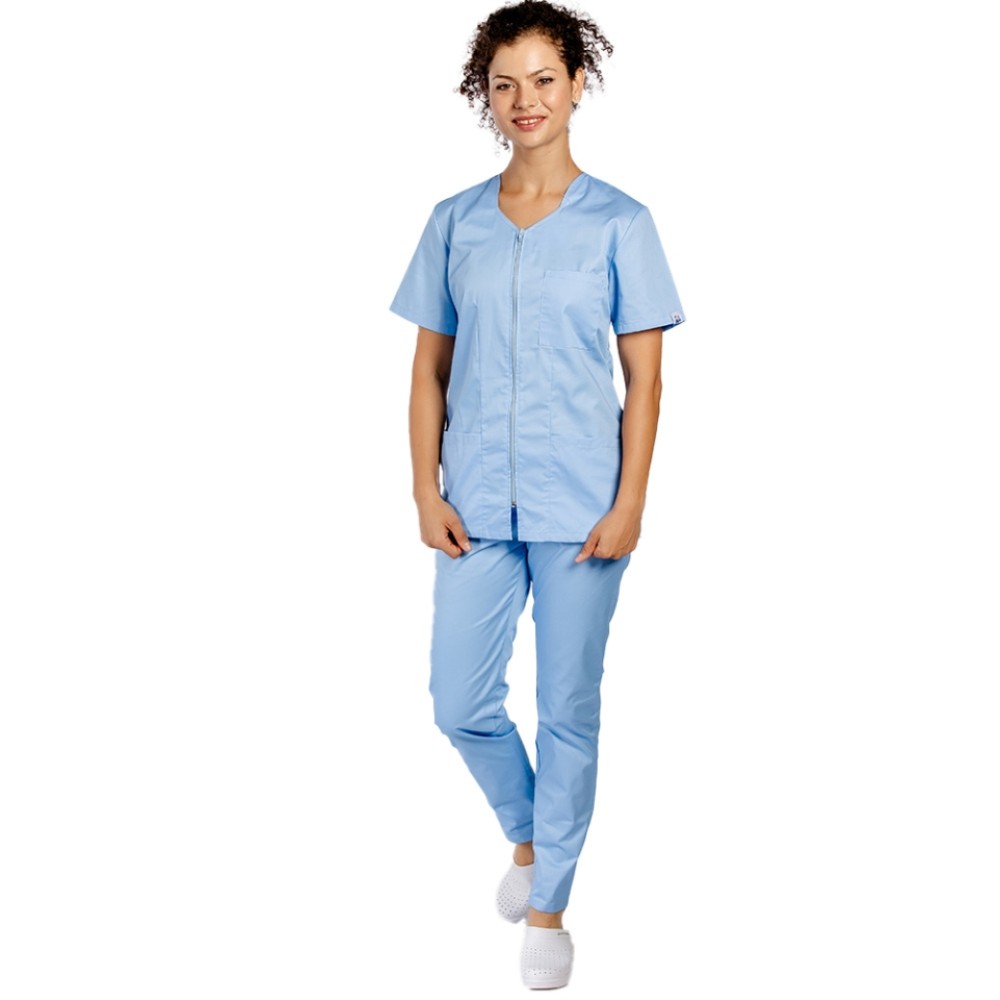 Uniforma de lucru bleu cu bluza cu fermoar cambrata, trei buzunare aplicate si pantaloni bleu cu elastic