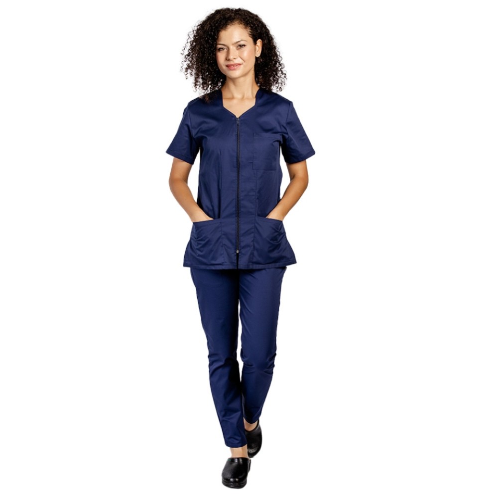 Uniforma de lucru bleumarin, bluza cu fermoar cambrata,trei buzunare si pantaloni cu elastic