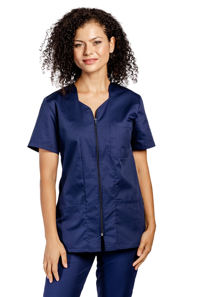 Uniforma de lucru bleumarin, bluza cu fermoar cambrata,trei buzunare si pantaloni cu elastic