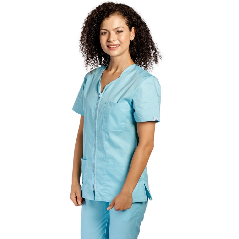 Uniforma de lucru menta cu bluza cu fermoar cambrata, trei buzunare aplicate si pantaloni menta cu elastic