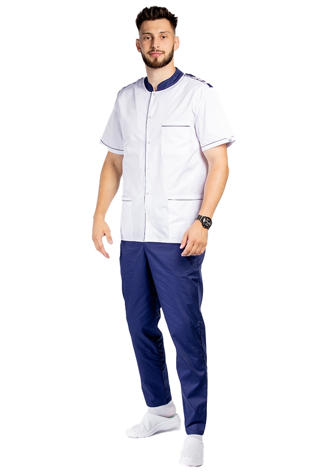 Uniforma bucatar tip tunica, cu bluza alb cu paspol bleumarin, epoleti si pantaloni bleumarin cu elastic