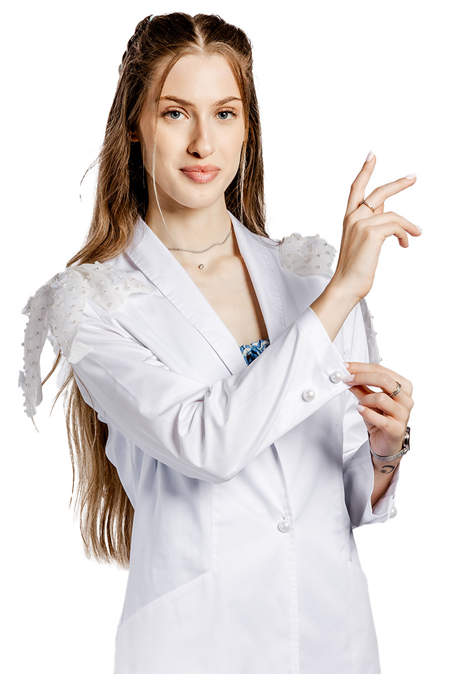 Halat pentru laborator alb Ivana, dama, cu guler sal, nasturi tip perluta, doua fundite si maneca lunga