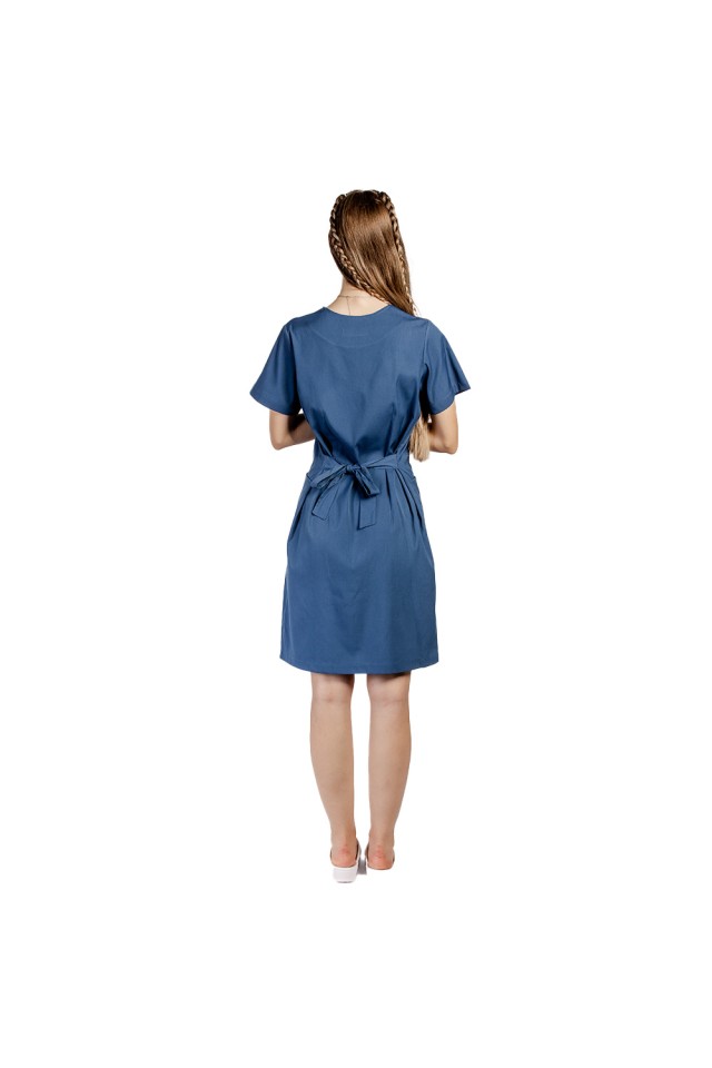 Rochie pentru SPA cu elastan jeans, cu prindere cu cordon la spate si  doua buzunare aplicate