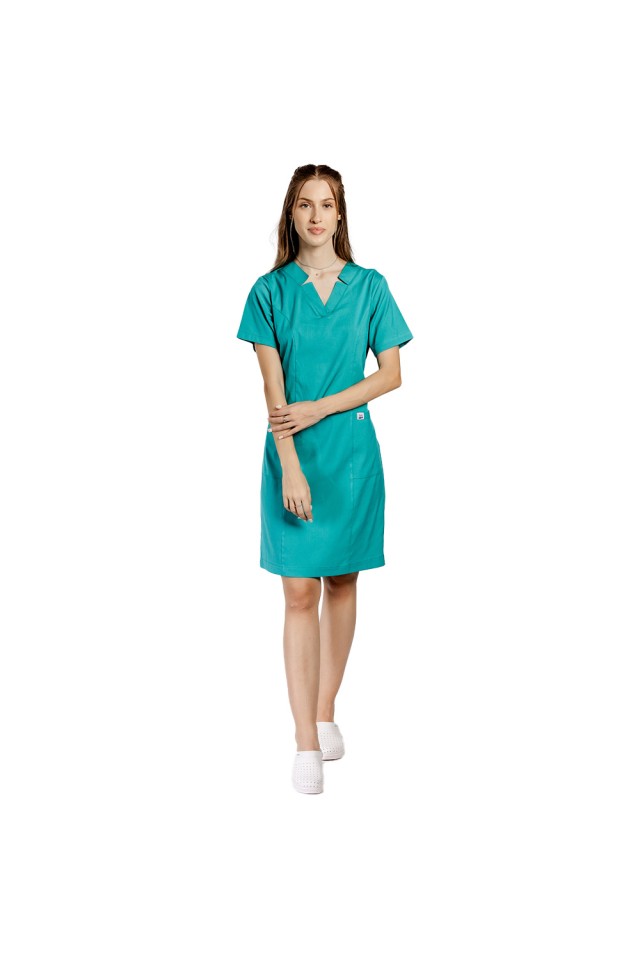 Rochie pentru SPA cu elastan verde, cu prindere cu cordon la spate si  doua buzunare aplicate