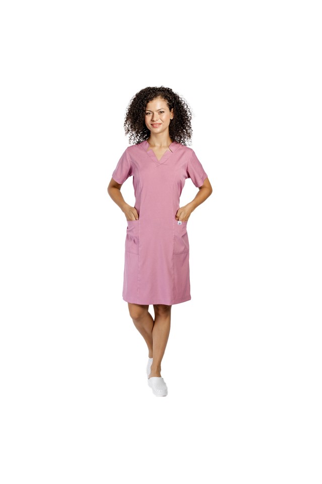 Rochie pentru SPA cu elastan roz pudrat, cu prindere cu cordon la spate si  doua buzunare aplicate