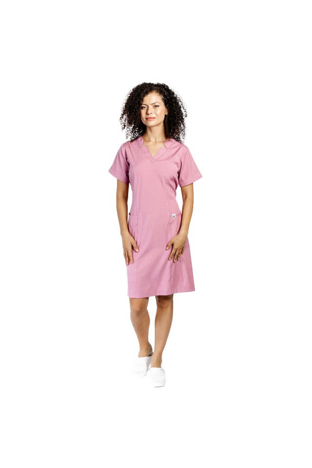 Rochie pentru SPA cu elastan roz pudrat, cu prindere cu cordon la spate si  doua buzunare aplicate