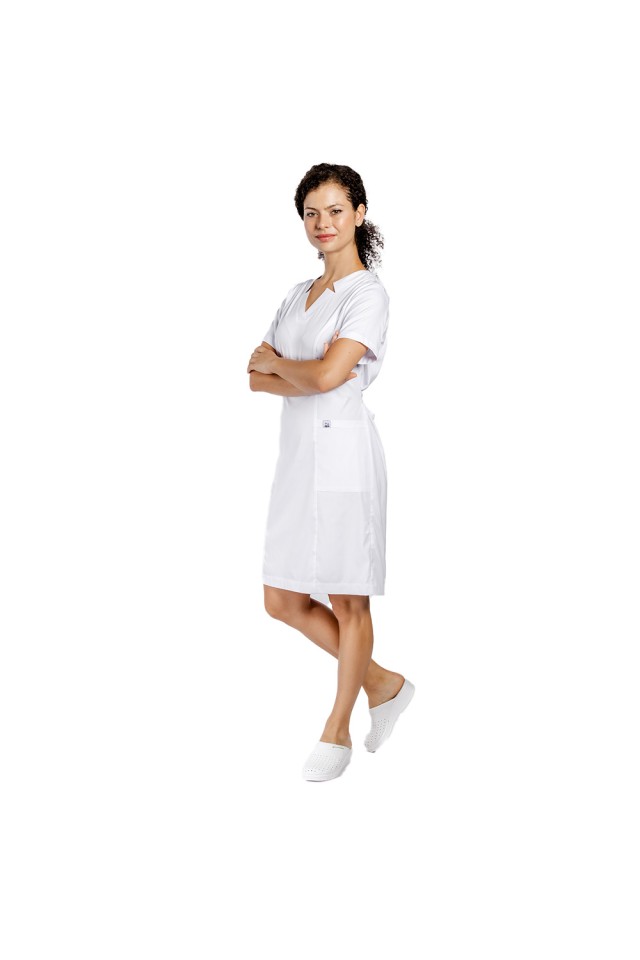 Rochie pentru SPA cu elastan alb, cu prindere cu cordon la spate si  doua buzunare aplicate
