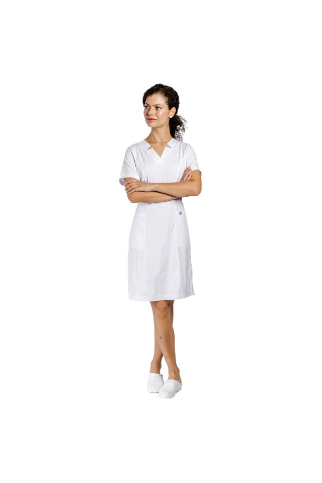 Rochie pentru SPA cu elastan alb, cu prindere cu cordon la spate si  doua buzunare aplicate