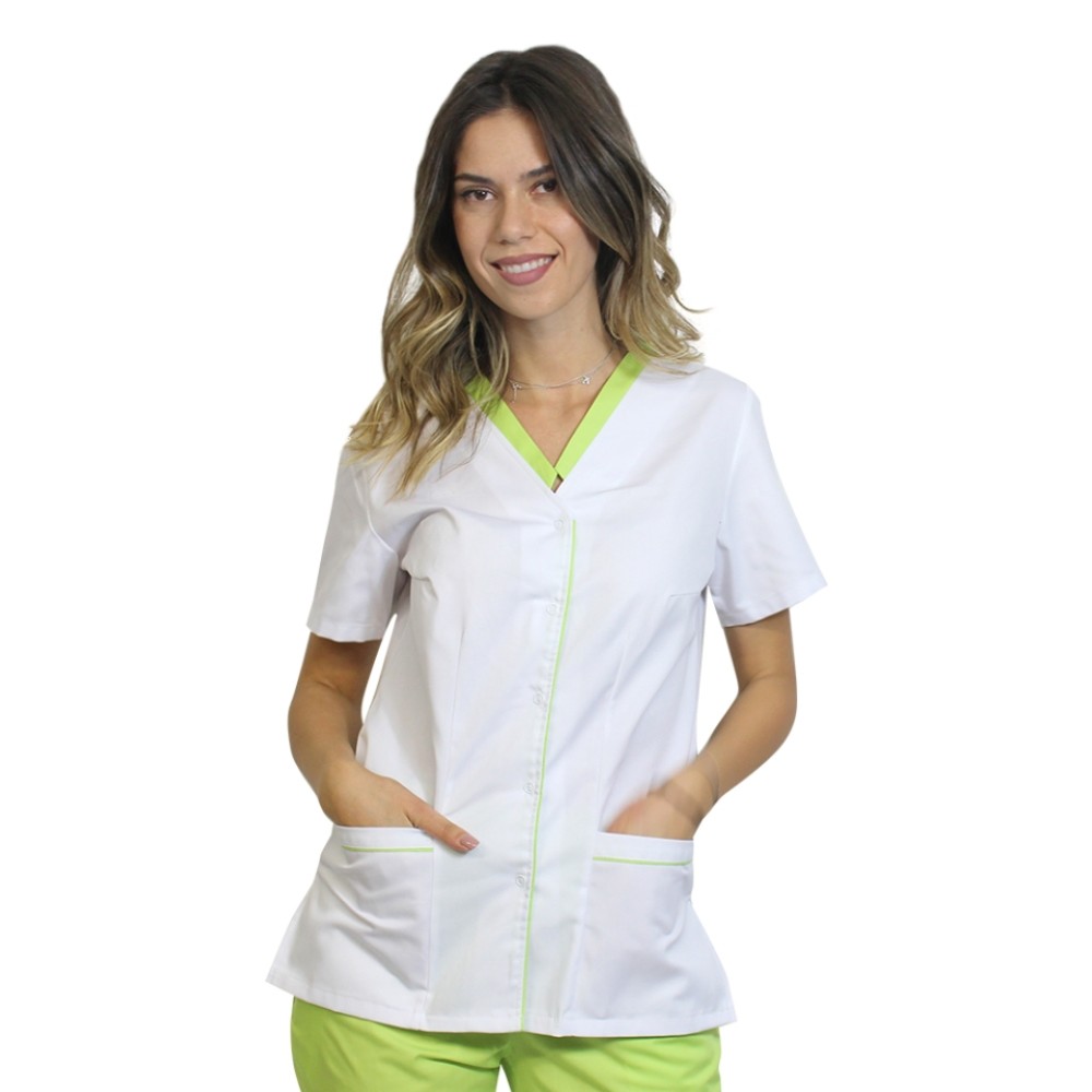 Halat de lucru alb cu paspol lime, capse si trei buzunare aplicate