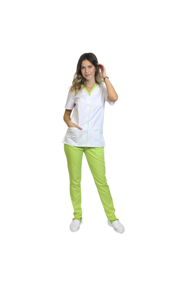 Uniforma de lucru format din bluza alb cu paspol lime si pantaloni lime cu elastic