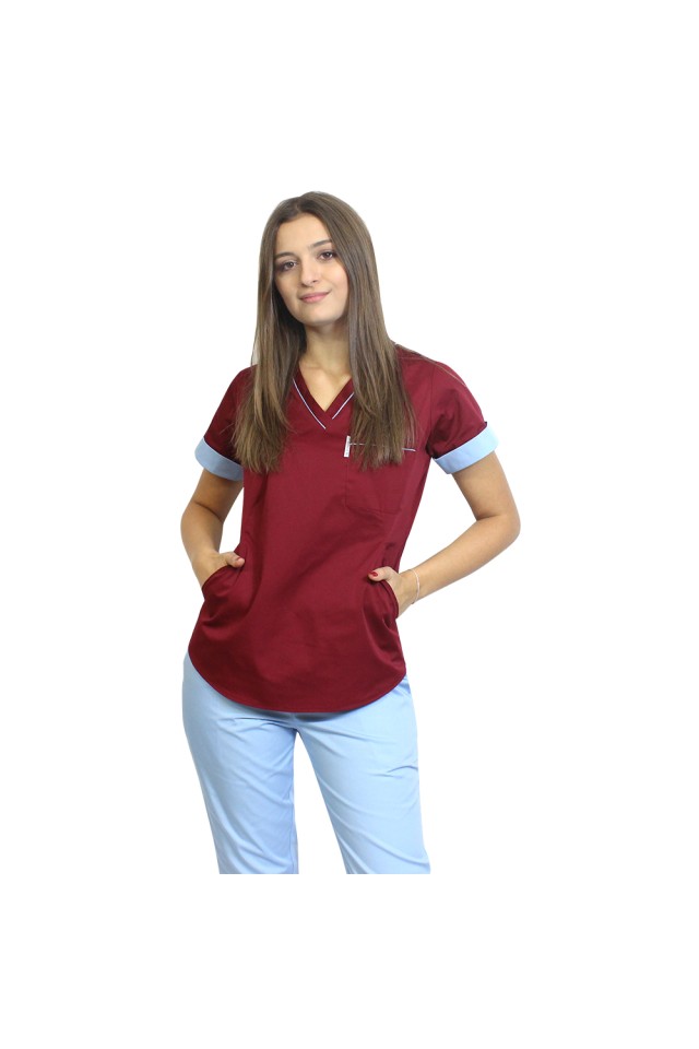 Uniforma de lucru format din bluza grena cu paspol bleu si pantaloni , model Amani