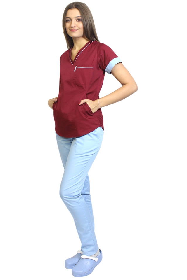 Uniforma de lucru format din bluza grena cu paspol bleu si pantaloni , model Amani