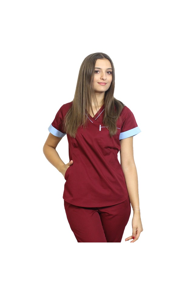 Uniforma de lucru format din bluza grena cu paspol bleu si pantaloni , model Amani