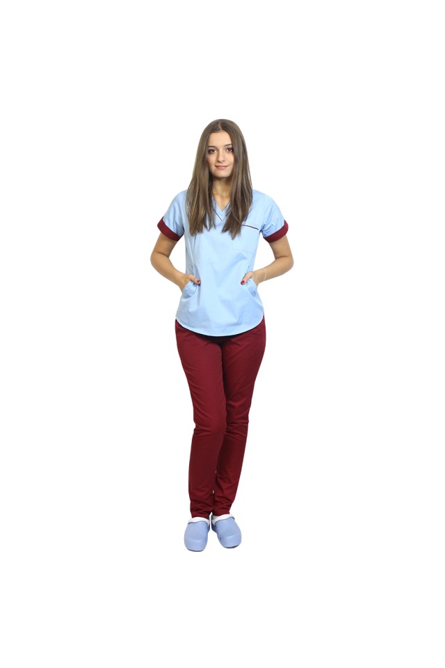 Uniforma de lucru format din bluza bleu cu paspol grena si pantaloni  bleu, model Amani
