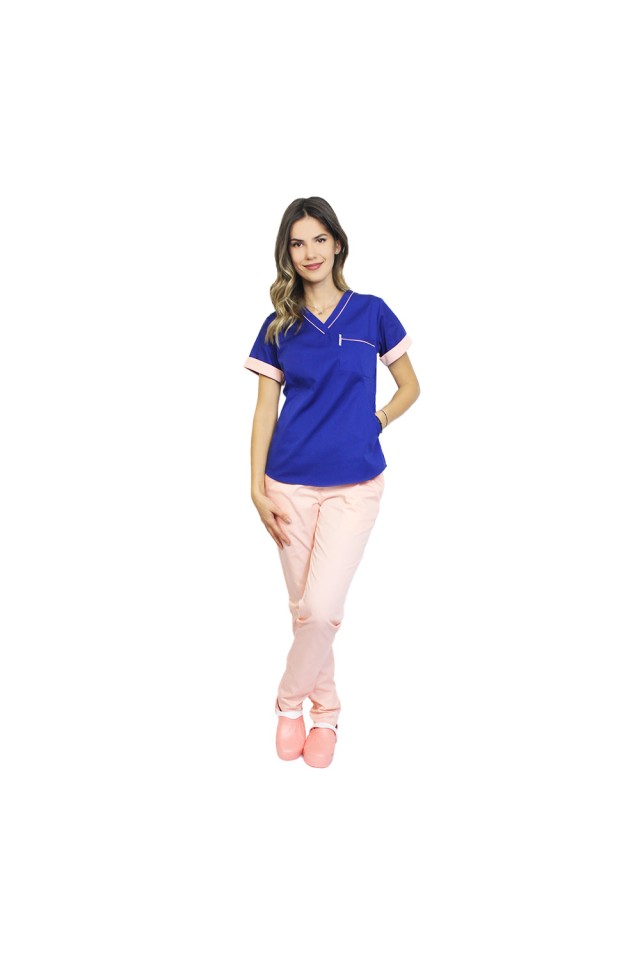 Uniforma de lucru format din bluza albastra cu paspol piersica si pantaloni , model Amani