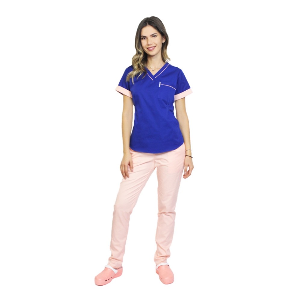 Uniforma de lucru format din bluza albastra cu paspol piersica si pantaloni , model Amani