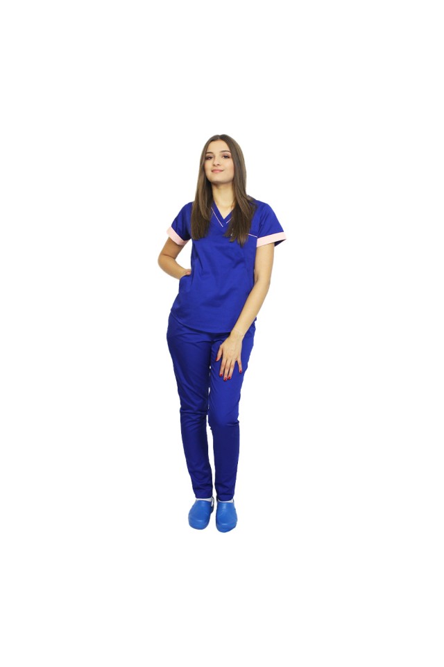 Uniforma de lucru format din bluza albastra cu paspol piersica si pantaloni , model Amani