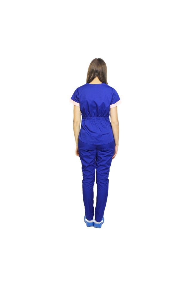 Uniforma de lucru format din bluza albastra cu paspol piersica si pantaloni , model Amani