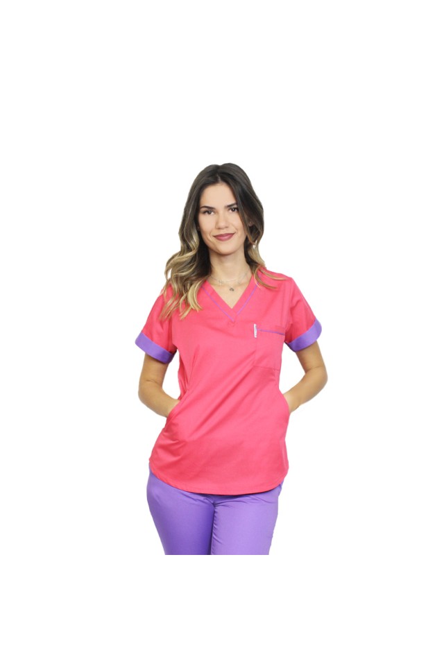 Uniforma de lucru format din bluza ciclam cu paspol mov si pantaloni, model Amani