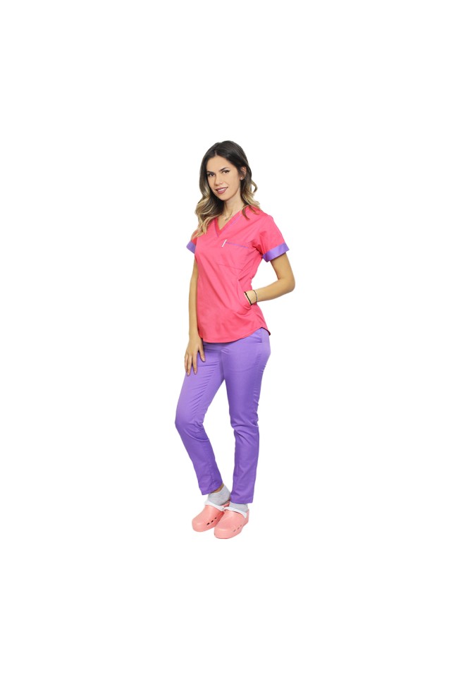 Uniforma de lucru format din bluza ciclam cu paspol mov si pantaloni, model Amani
