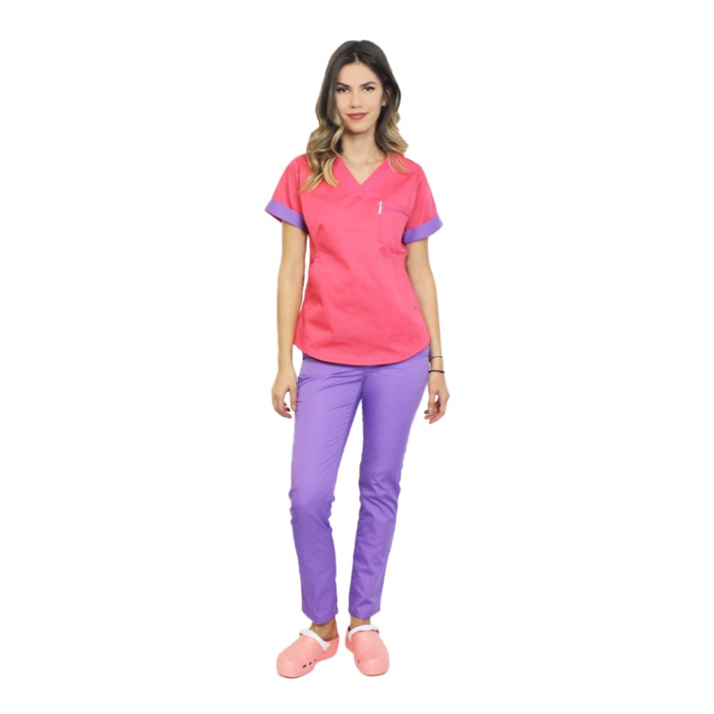 Uniforma de lucru format din bluza ciclam cu paspol mov si pantaloni, model Amani