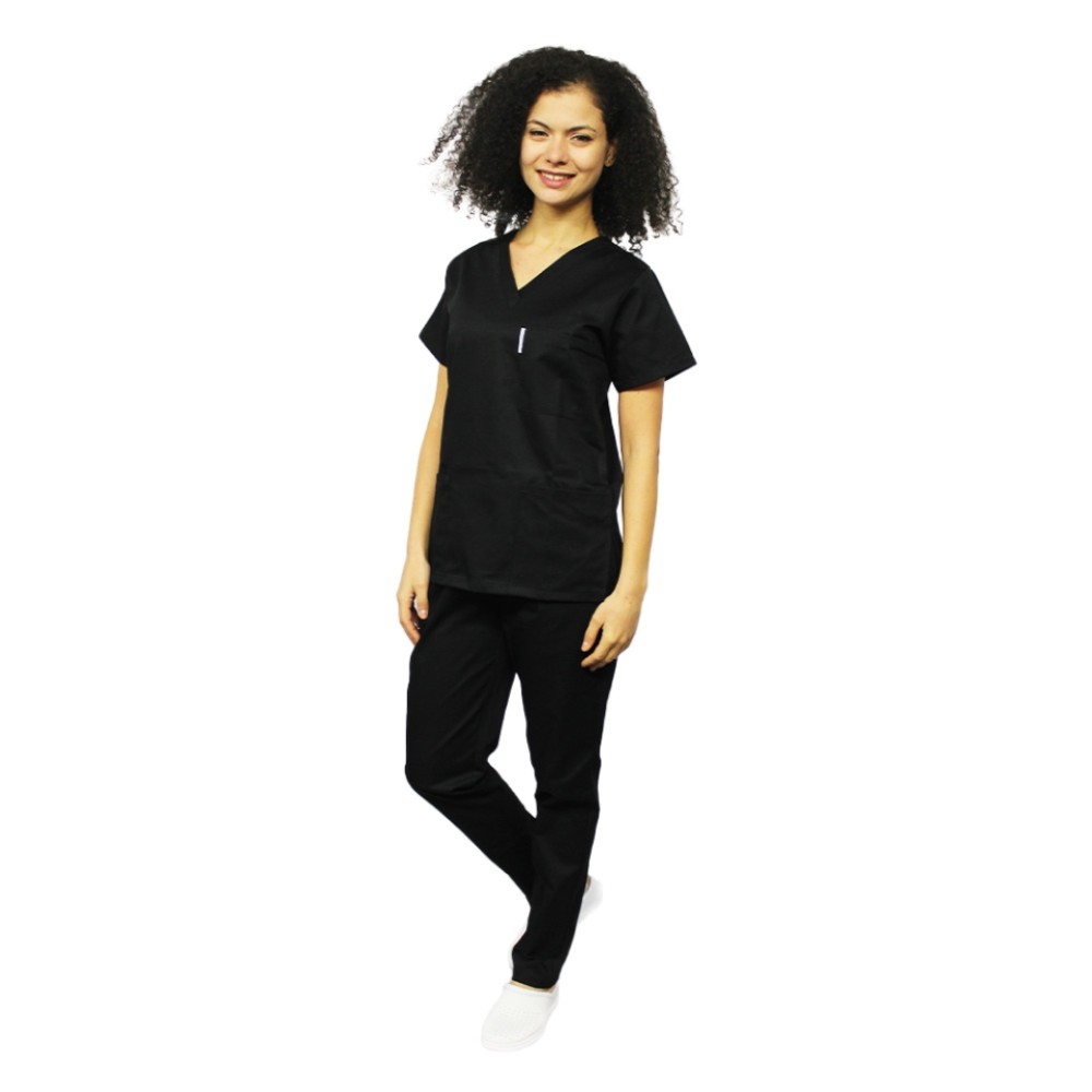 Uniforma de lucru dama negru cu bluza cu anchior in forma V si pantaloni negri cu elastic