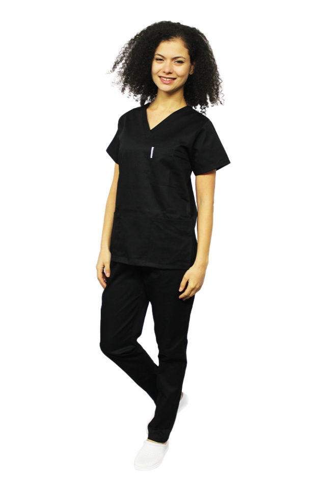 Uniforma de lucru dama negru cu bluza cu anchior in forma V si pantaloni negri cu elastic
