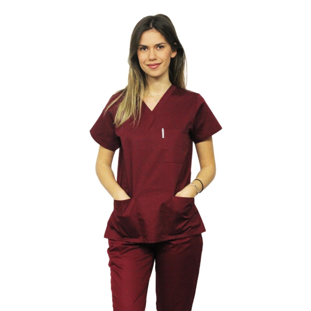Uniforma de lucru dama grena, bluza cu anchior in V, trei buzunare si pantaloni cu elastic